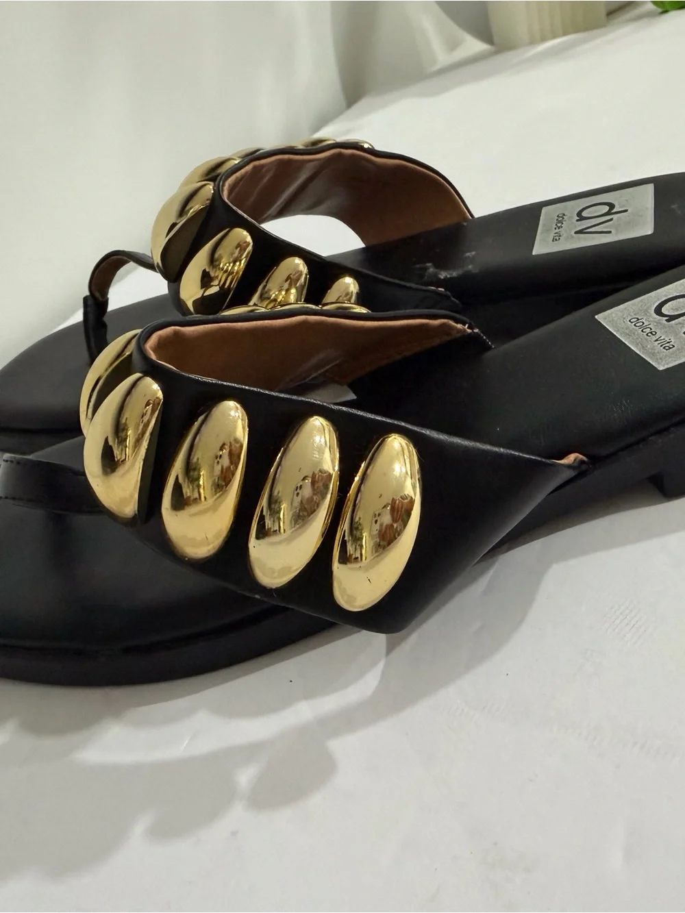 DV by Dolce Vita Black Sandal with Gold Chain Accents